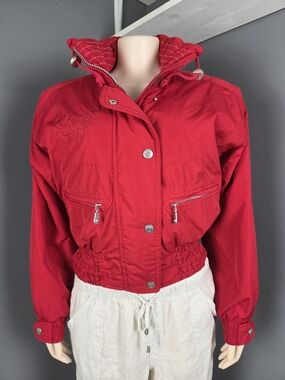Women's Red Hooded Bomber Jacket with Cinched Waist